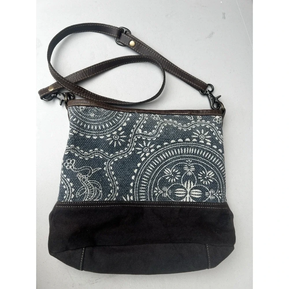 Myra Bag Blue Gray Medallion Canvas Leather Crossbody Shoulder Bag Boho Western